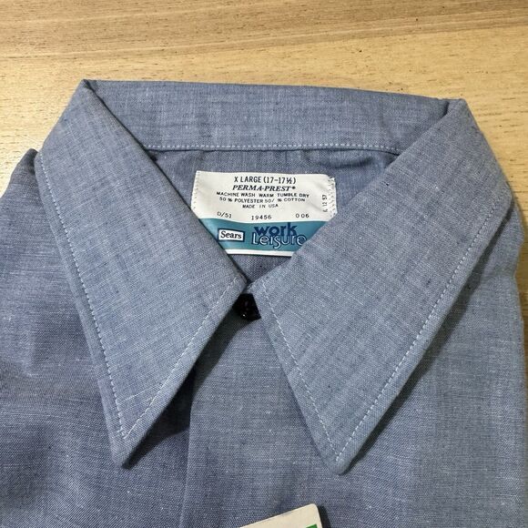 Vintage Sears Perma Prest Blue 70s Work Chambray Shirt Men's Sz XL 17-17.5 NEW - Picture 3 of 5
